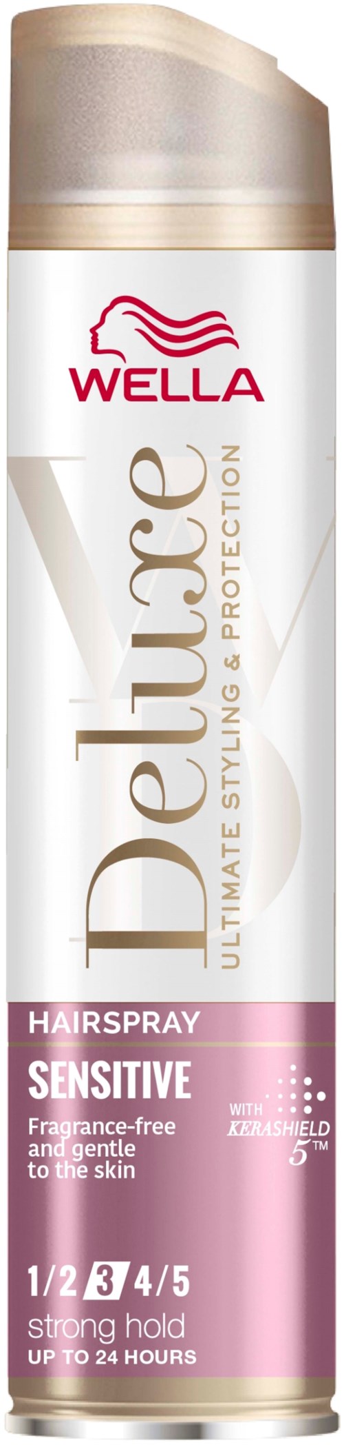 Eine Wella Deliplus Haarspraydose mit gold- und rosafarbendem Design, für empfindliche, starke Haltbarkeit bis zu 24 Stunden.