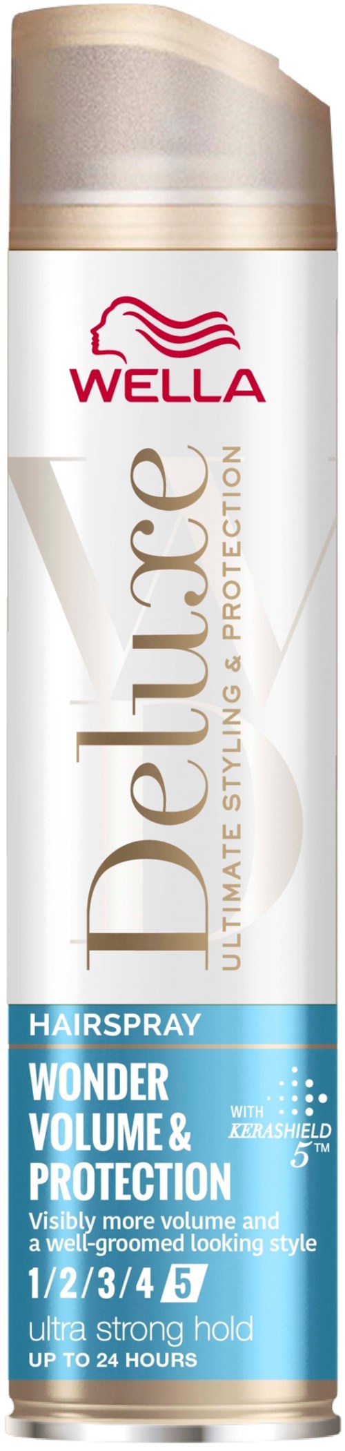 Eine Dose Wella Haarspray, weiß und goldfarben, mit blauer Etikette mit Produktdetails und Anweisungen.