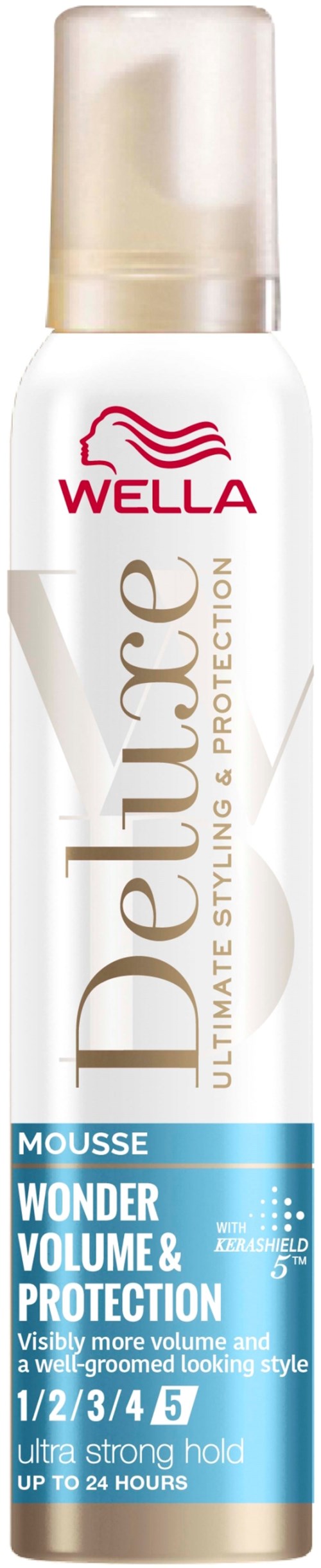 Eine weiße Sprühflasche mit Wella Deliplus für Haarstyling und Schutz, mit goldener Kappe und blauer Etikett.