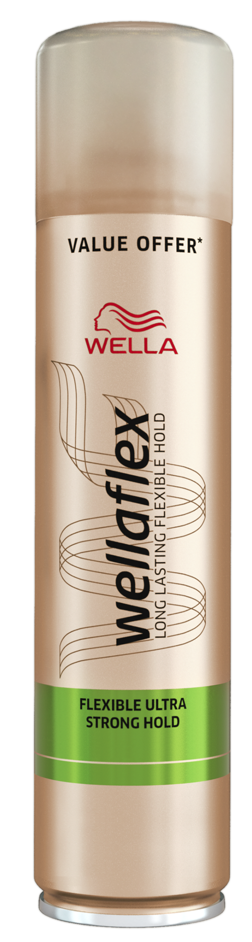 Beige Wella-hiusuihke, jossa läpinäkyvä suutin ja vihreä etiketti, teksti vahvasta pidosta ja joustavuudesta.