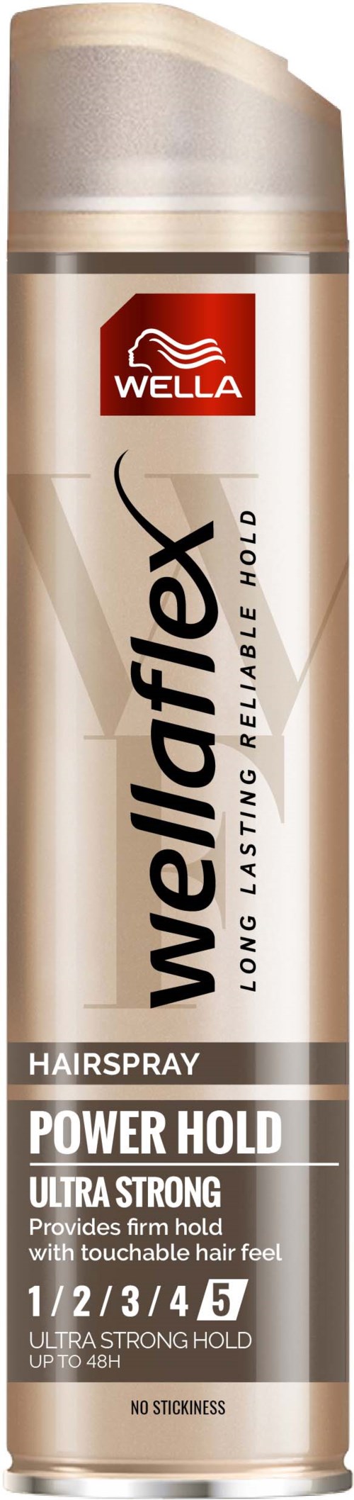 Eine Dose WellaWellaFlex Power Hold Haarspray, beige und braun, mit starker Halt für Frisuren.