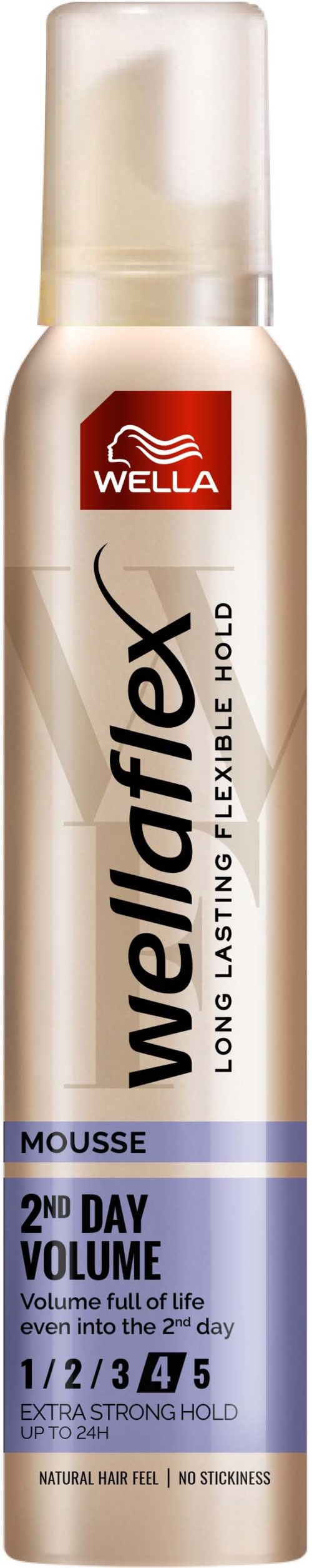 Eine Dose Wella Woellaflex Mousse für lang anhaltenden, flexiblen Halt und Volumen, mit Fokus auf das Etikett.