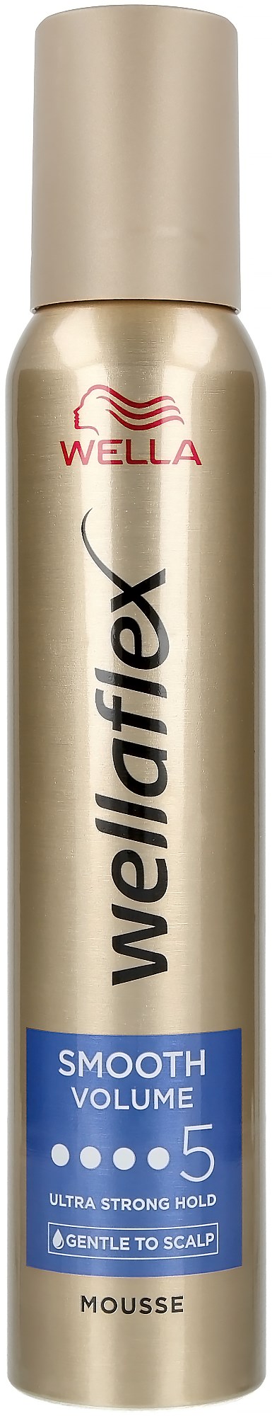 Eine Dose Wella Wellaflex Haarschaum mit beigem Deckel und Etikett, die Volumen und starken Halt verspricht.