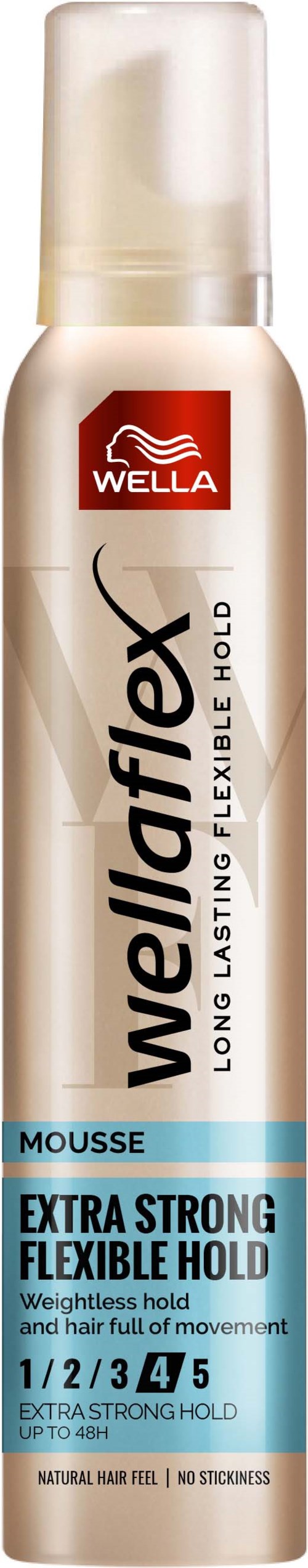 Eine Dose Wella-Produkt mit rotem, weißem und blauem Etikett, bietet extra starken, flexiblen Halt für Haare.