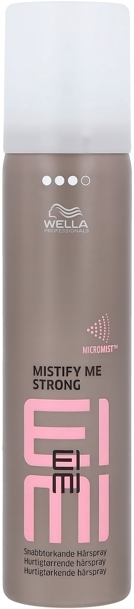 Een spraybusje met Wella Mistify Me Strong, roze en grijs ontwerp, voor haarstyling.