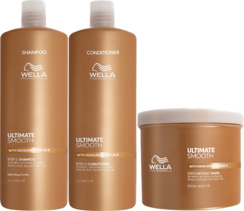 Tämä on hiustenhoitotuotteiden sarja, joka sisältää shampoon, hoitoaineen ja naamiovan, kaikki nimeltä 'Ultimate Smooth' ja lämpimän ruskean värisiä.