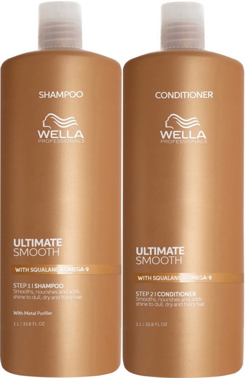 Kaksi ruskeata pulloa, jotka on merkitty shampoon ja hoitoaineen, molemmat osina Wella Ultimate Smooth -sarjaa.