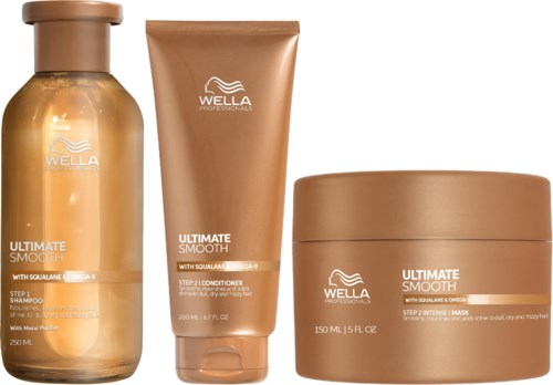 Drei Wella-Haarpflegeprodukte: Shampoo, Conditioner und Maske in beigen Behältern mit goldenen Akzenten.