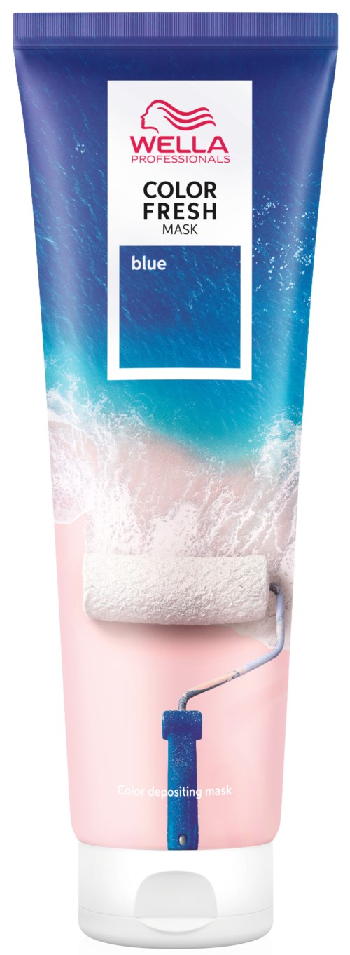 A tube of Wella Color Fresh Mask in blue, with a paint roller graphic and white text on a blue and pink background.