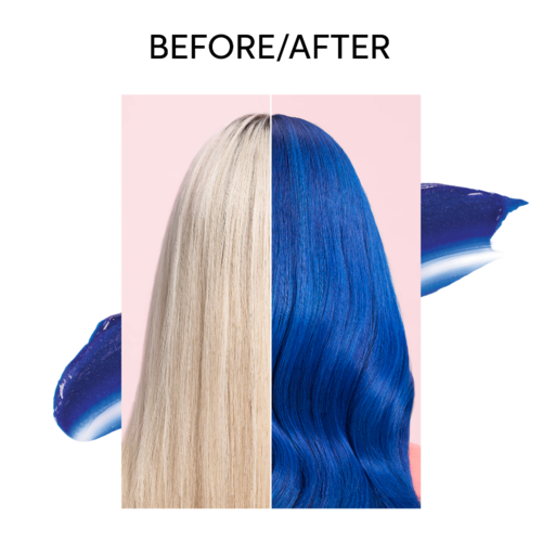 A split image showing hair before and after coloring, with blonde hair on the left and bright blue hair on the right.