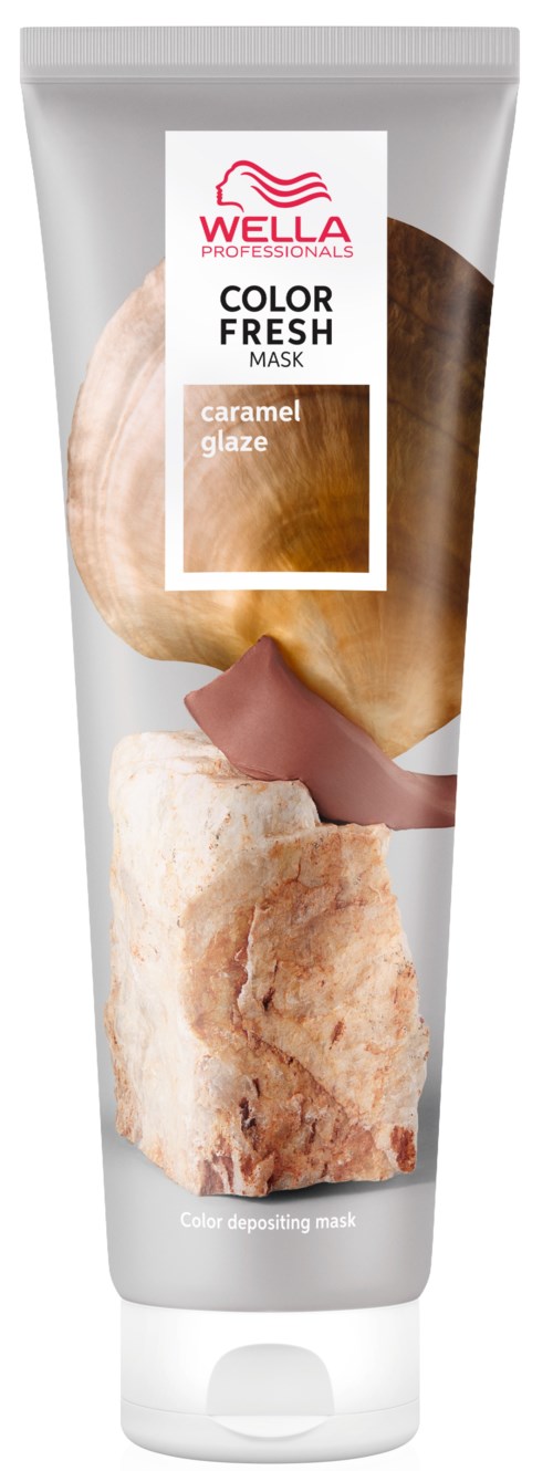 Een tube Wella Color Fresh masker met karamelglans, met een mengsel van bruin en beige kleuren op de verpakking.