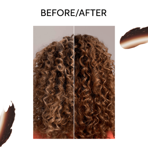 Een vergelijking toont gekruld haar voor en na een behandeling, beide foto's richten zich op de textuur en kleur.