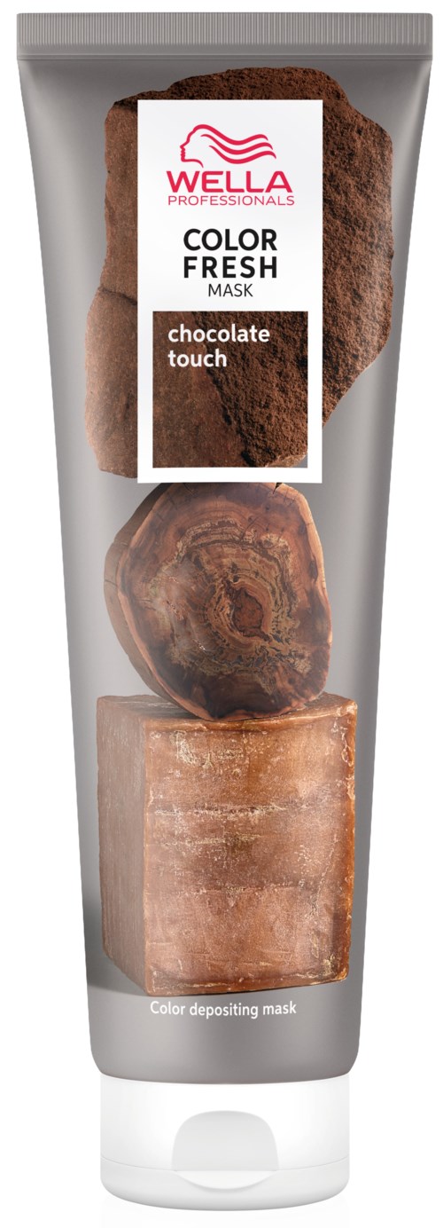 Een tube van Wella Professionals Color Fresh Mask genaamd 'chocolate touch'. Het toont twee grote stukken chocolade op de voorkant.