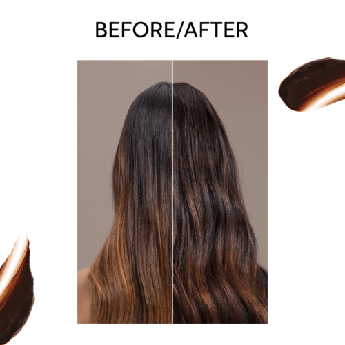 De afbeelding toont het haar van een vrouw voor en na een behandeling, met steil haar aan de ene zijde en golvend aan de andere.