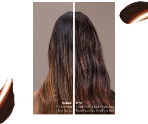 Split image shows hair before and after applying chocolate-colored mask, highlighting shiny, darker hair.