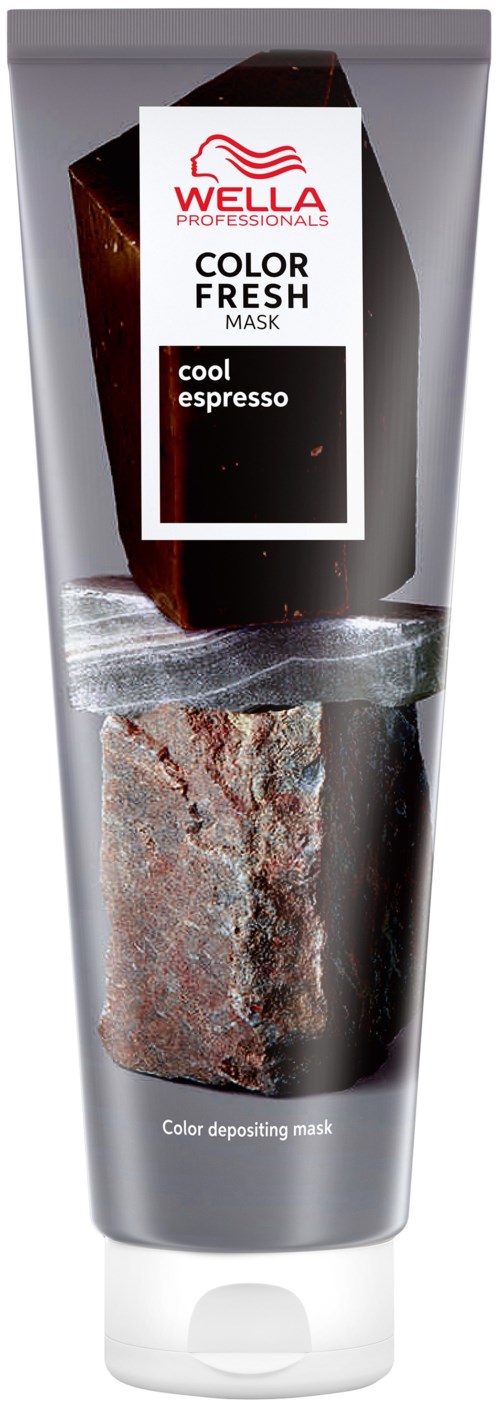 A tube of Wella Color Fresh mask with a dark coffee and ice background, labeled as "cool espresso".