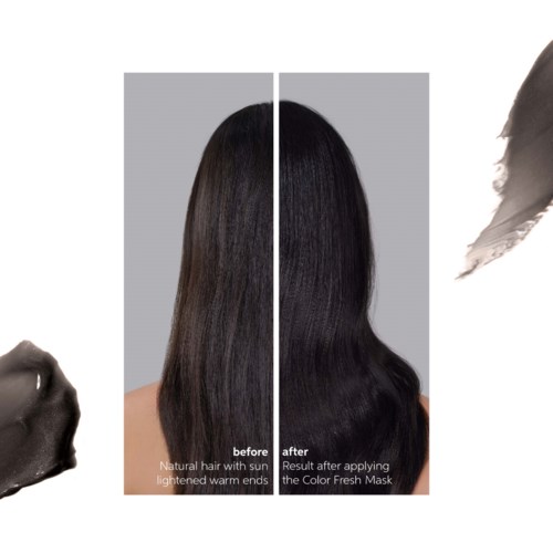 A woman shows hair before and after using a color mask, hair appears shinier and darker after treatment.