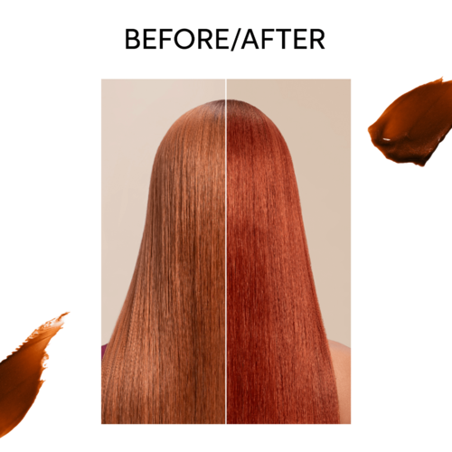 A person’s hair shown before and after coloring, with long, shiny, reddish-brown hair in the center.