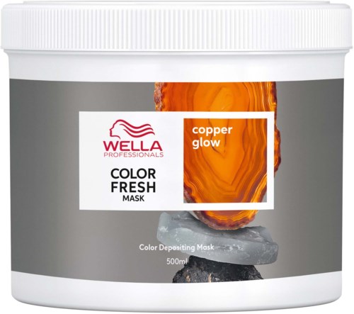 Een cosmetische container voor Wella Professionals haarmasker, genaamd Copper Glow, met een grijs-wit ontwerp.