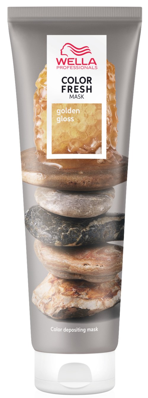 Tube mit Gesichtsmaske und Steinen, beschriftet 'Wella Professionals Color Fresh, golden gloss.'