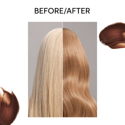Eine Haartransformation zeigt glattes, blondes Haar vor und welliges, hellbraunes Haar danach.