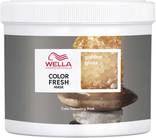 A gray container of Wella Professionals hair mask with honey and gold, labeled as 'Color Fresh Mask' for hair coloring.