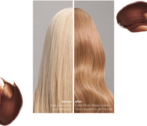 A hair growth mask changes hair from blonde to golden with shiny gloss.