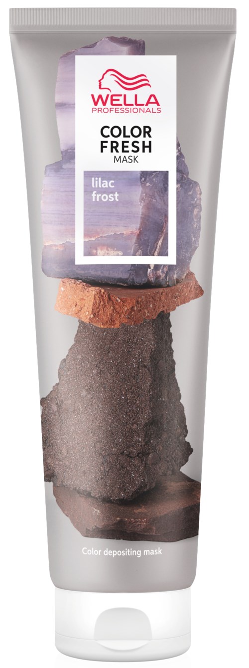 A tube of Wella Color Fresh Mask with purple, brown, and gray rocks on it.
