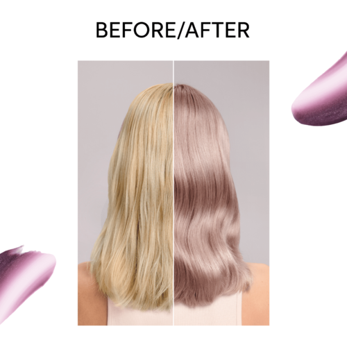 A woman's hair before and after being dyed, showing change from blonde to light pink with waves.