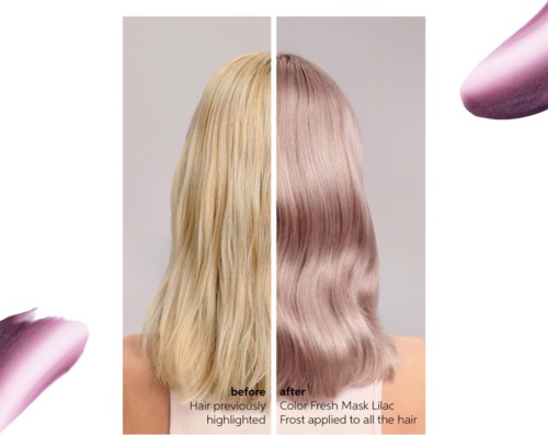 Toont voor en na haarverf met Lilac-masker, dat haar zachter en glanzender maakt.