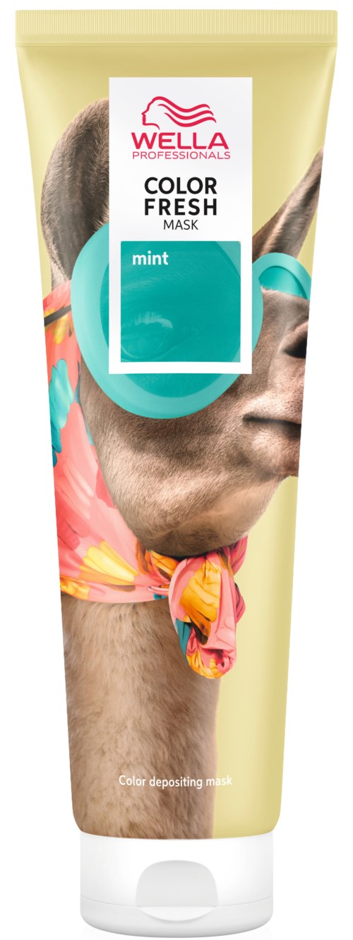 Eine Tube Wella Color Fresh Maske mit Minzdedraft, zeigt eine Berglandschaft, eine Person mit bunter Schal und Text.