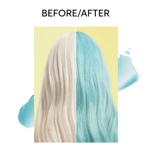 Das Haar einer Person vor und nach dem Färben, beide Seiten sind lang und glatt, eine blonde und eine türkise Farbe.