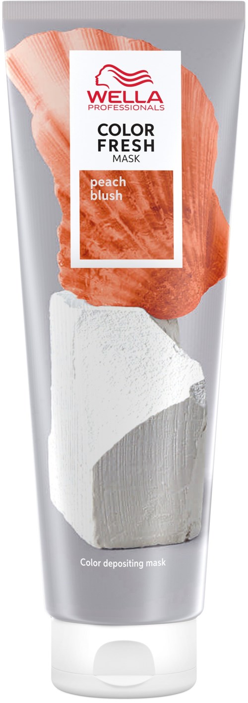 Eine Tube Wella Professionals Farbmassage mit Pfirsich- und Weißtönen, beschriftet 'Color Fresh Peach Blush.'