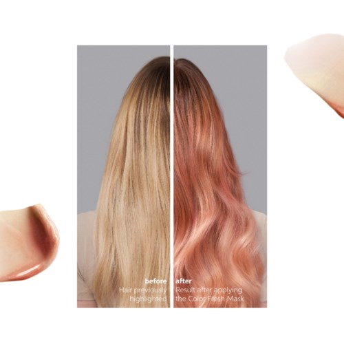 Das Haar einer Frau vor und nach der Verwendung einer Farbmast, zeigt veränderte, glänzende Haarfarbe und Textur.