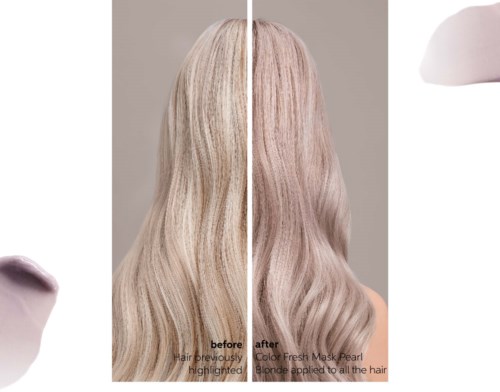 Ein Vorher-Nachher-Haarbild zeigt Farbwechsel von Highlights zu reinem Blond nach der Maske.