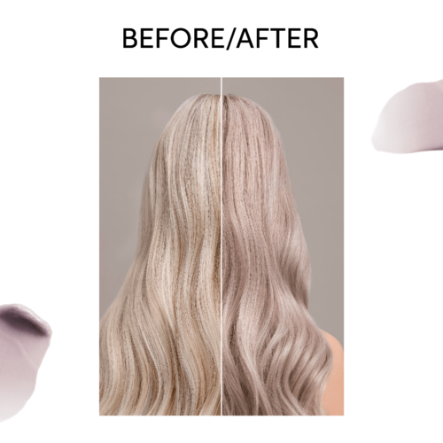Een gedeelde foto laat haar voor en na haarkleuring zien, met lang, blond haar aan beide zijden.