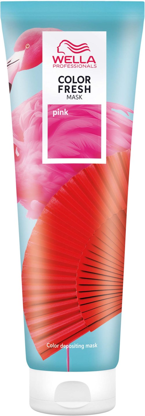 Pink flamingo and red fan illustration with Wella Professionals logo on a blue tube of hair mask.