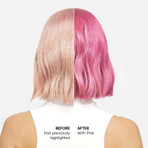 Split hair color; one side blonde, the other pink. Hair is straight and shoulder-length. Text explains hair dye change.