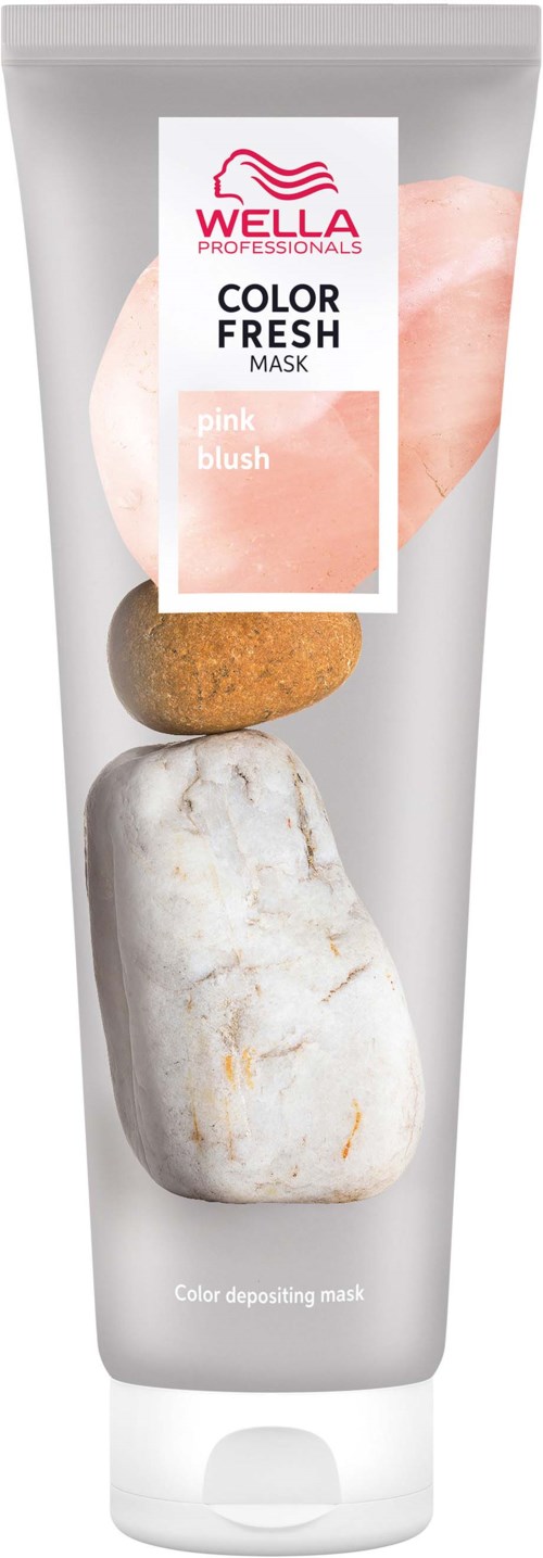 Eine Tube Wella Color Fresh Mask mit Pink Blush-Etikett, zeigt einen Stein und einen Kiesel.
