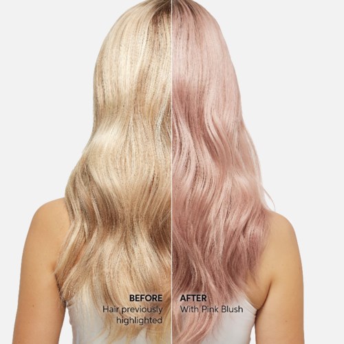 Das Bild zeigt eine Haartransformation, mit blondem Haar vorher und rosa Wangen nachher. Das Haar ist wellig.