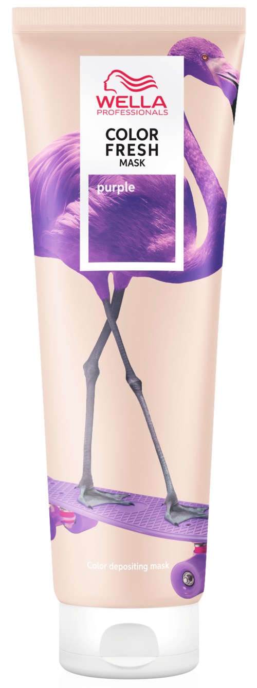 Tubes av Wella Color Refresh Mask i lilla, med en leken lilla tau, rettet mot hårpleie.