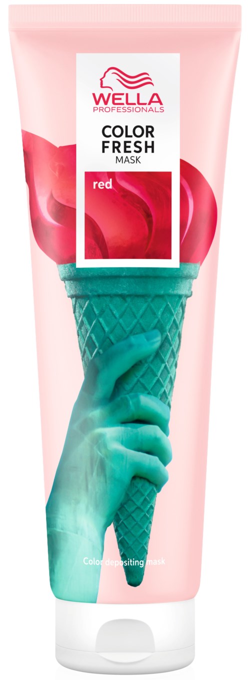 A pink tube of Wella hair mask with red, teal, and white design elements, and a person holding an ice cream cone.