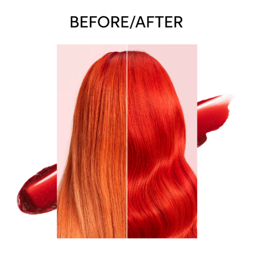 A split image showing a person's hair before and after coloring or styling, with a lipstick in the background.