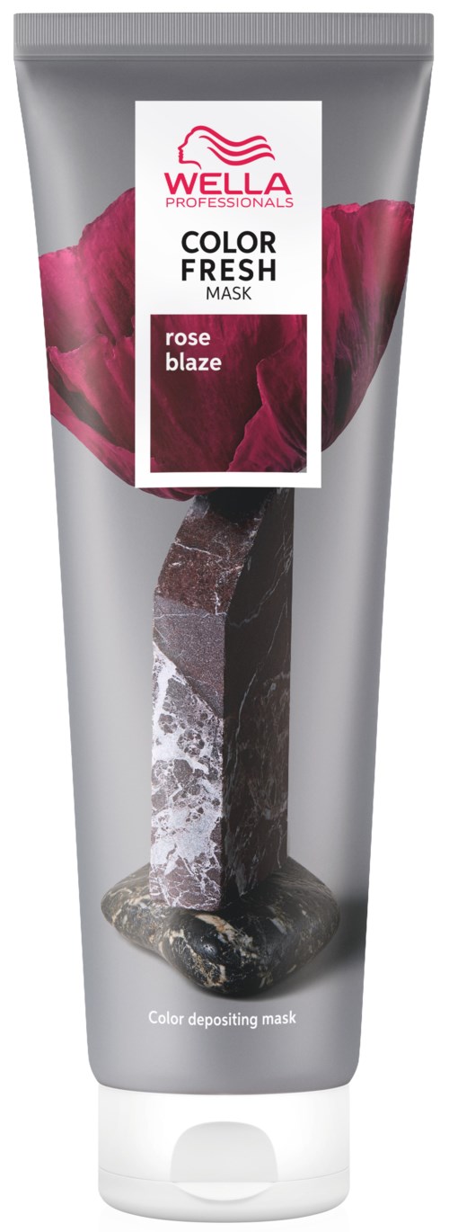 Eine silberne Tube mit Wella Color Fresh Maske, rosa Blumenmuster und Schriftzug 'rose blaze'.