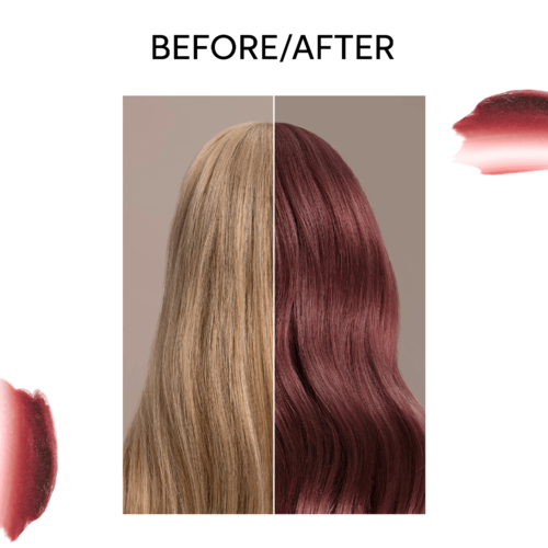 Ein geteiltes Bild von Haaren, die sich von blond zu rot verwandeln, mit 'Vorher/Nachher' beschriftet.