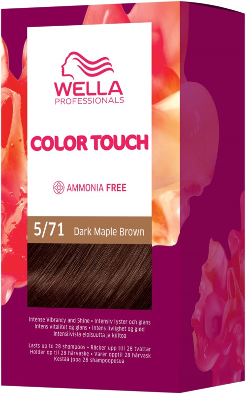 Een doos Wella Professionals haarverf in donker esdoornbruin, labeled 'Color Touch' en 'Ammonia Free' met tintnummer 5/71.
