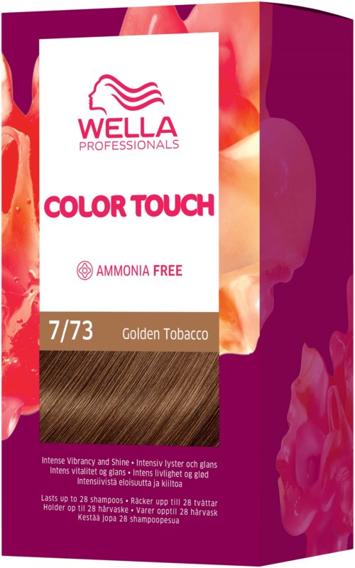 Color Touch Haarfärbekarton zeigt eine braune Haarfarbe und pinkes Branding, mit Produktdetails und einer Flammenillustration.