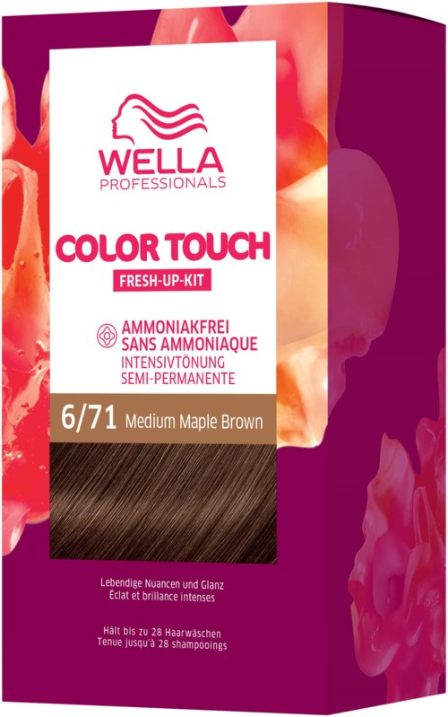 Een doos met roze, paars en bruin kleuren, promotie van Wella Professionals haarkleur, met productgegevens en kleurnaam.