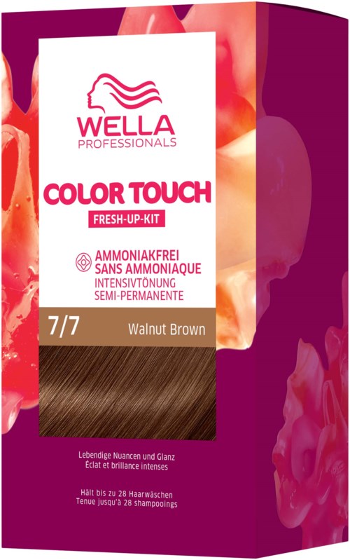 A hair dye kit box labeled "Color Touch," in walnut brown color, with pink and purple design and product details.