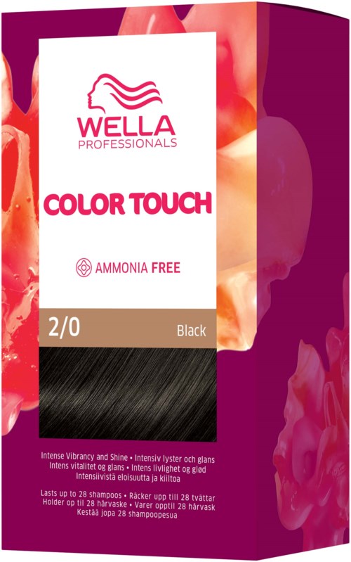 Eine Schachtel Wella Professionals Haarfarbe, gekennzeichnet als 'Color Touch,' schwarzer Farbton, ammoniakfrei, mit pinkem, lila und braunem Design.